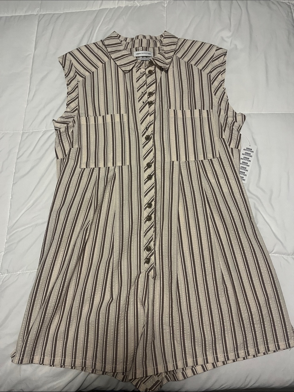 Urban Outfitters Striped Sleeveless Button Romper in Beige and Brown